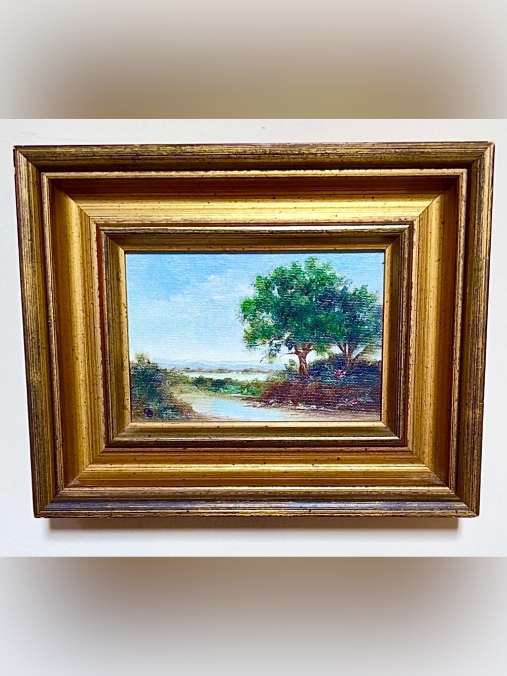 Vintage Plein Air Miniature Oil Painting Gold Gilded Ornate Frame Signed CE